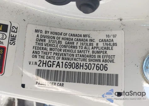 2008 Honda Civic Ex-L z USA, uszkodzony, nr VIN 2HGFA16908H507606